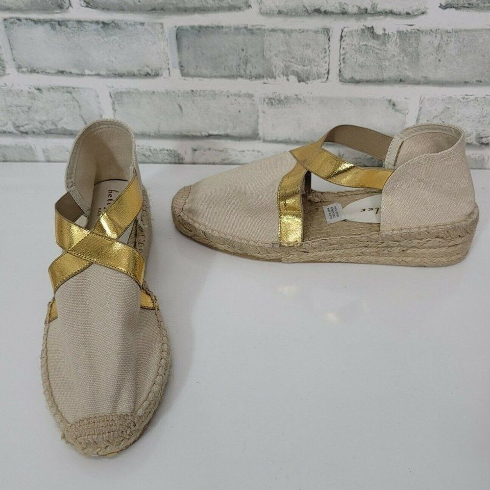 Bettye Muller Womens 38 Beige Gold Cross Strap Espadrille Sandals Platforms